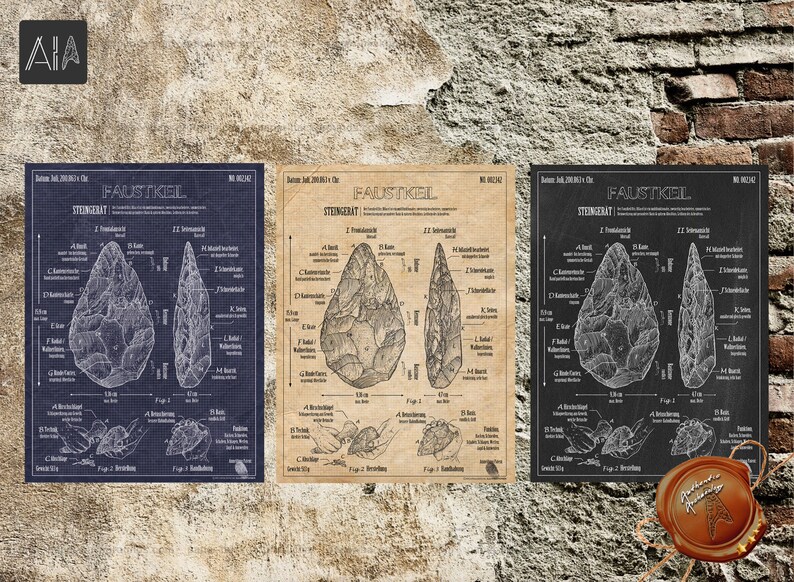 Pode incluir: Tr&ecirc;s ilustra&ccedil;&otilde;es de estilo vintage de machados de m&atilde;o, tamb&eacute;m conhecidos como ferramentas de pedra de m&atilde;o, com diagramas detalhados e etiquetas em alem&atilde;o. As ilustra&ccedil;&otilde;es est&atilde;o sobre um fundo azul, bege e preto.