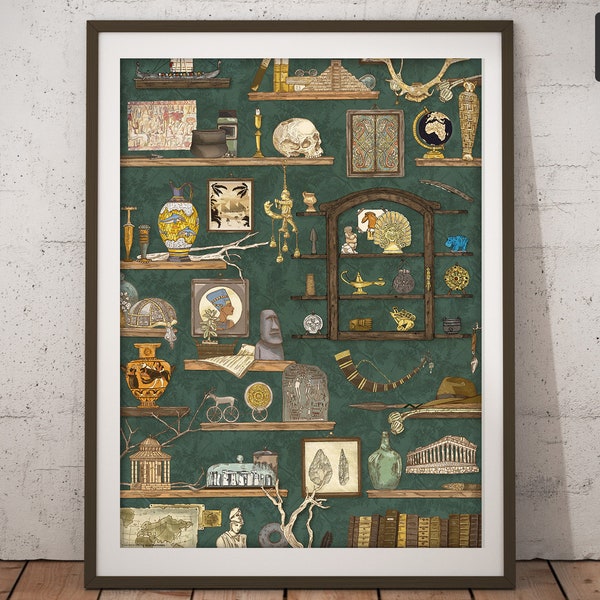 Archaeologist Study, Cabinet of Curiosities + Explorer, Archaeology + Art, Picture + Wall Art, Retro + Illustration, Vintage