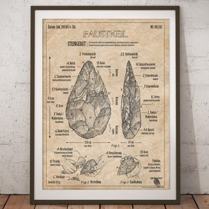 Patent Print Hand Axe Stone Age, poster + picture, archaeology + neanderthal, art + history, vintage + wall decor, illustration
