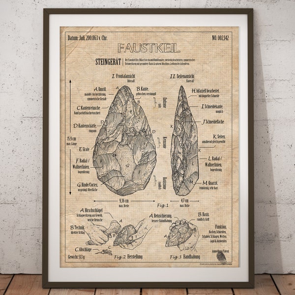 Poster Faustkeil Steinzeit, Patent Print + Bild, Archäologie + Neandertaler, Kunst + Geschichte, Vintage + Wanddeko, Illustration