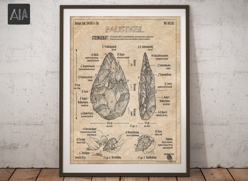 Hochwertiger Posterdruck mit Handzeichnungen & Erklärungen zum Faustkeil, dem erfolgreichstes Werkzeug der Menschheit im Stil einer Patentanmeldung. Auf 230g Premium-Papier gedruckt, in 2 Größen (30x40cm & 45x60cm) und 3 Farben erhältlich.