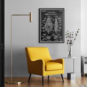 Pode incluir: Uma ilustra&ccedil;&atilde;o em preto e branco de um machado de m&atilde;o, ou 'Faustkeil', sobre um fundo de quadro-negro. A ilustra&ccedil;&atilde;o &eacute; emoldurada e pendurada em uma parede branca acima de uma poltrona amarela.