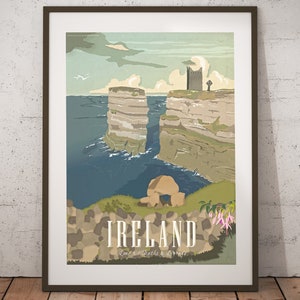 Cartel de viaje vintage Irlanda, Vía Atlántica Salvaje, Arqueología + Arte + Paisaje, Mayo + Arte mural, Retro + Gráficos, Viaje por carretera de vacaciones