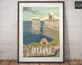 Vintage Travel Poster Irland, Wild Atlantic Way, Archäologie + Kunst + Landschaft, Bild + Wandkunst, Retro + Grafik, Urlaub Roadtrip