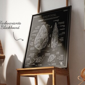 Pode incluir: Ilustra&ccedil;&atilde;o em preto e branco de um machado de m&atilde;o, tamb&eacute;m conhecido como machado de punho, sobre um fundo de quadro-negro. A ilustra&ccedil;&atilde;o inclui diagramas detalhados e medidas das caracter&iacute;sticas do machado. O texto "FAUSTKEIL" est&aacute; escrito em branco no topo do quadro-negro.