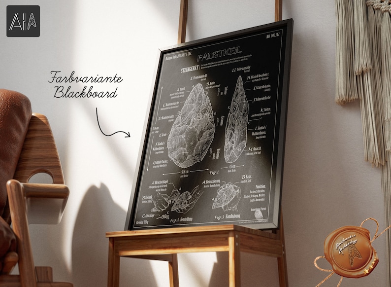 Pode incluir: Ilustra&ccedil;&atilde;o em preto e branco de um machado de m&atilde;o, tamb&eacute;m conhecido como machado de punho, sobre um fundo de quadro-negro. A ilustra&ccedil;&atilde;o inclui diagramas detalhados e medidas das caracter&iacute;sticas do machado. O texto "FAUSTKEIL" est&aacute; escrito em branco no topo do quadro-negro.