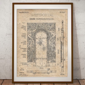 Puede incluir: Un dibujo arquitectónico en blanco y negro del portal oeste de la iglesia de madera de Borgund en Noruega. El dibujo muestra los intrincados detalles del portal de madera, incluyendo las tallas de animales y plantas. El dibujo está fechado en mayo de 1386 y está etiquetado con el número 5074105.