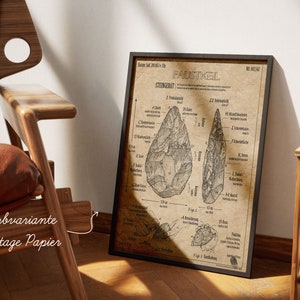 Pode incluir: Uma impress&atilde;o de estilo vintage de um machado de m&atilde;o, tamb&eacute;m conhecido como "Faustkeil", com diagramas detalhados e etiquetas em alem&atilde;o. A impress&atilde;o &eacute; emoldurada em preto e tem uma textura semelhante ao linho.