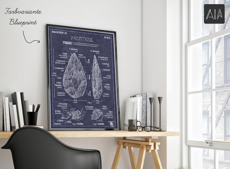 Pode incluir: Uma ilustra&ccedil;&atilde;o de estilo plano de um machado de m&atilde;o, tamb&eacute;m conhecido como "Faustkeil", sobre um fundo azul escuro. A ilustra&ccedil;&atilde;o inclui medidas detalhadas e etiquetas em alem&atilde;o.