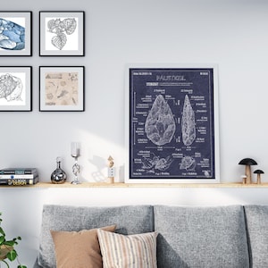 Pode incluir: Uma impress&atilde;o emoldurada de uma ilustra&ccedil;&atilde;o desenhada &agrave; m&atilde;o de um machado de m&atilde;o, tamb&eacute;m conhecido como 'Faustkeil', sobre um fundo azul. A impress&atilde;o &eacute; cercada por uma moldura branca e est&aacute; pendurada em uma parede branca acima de uma prateleira com livros, itens decorativos e um sof&aacute; cinza.