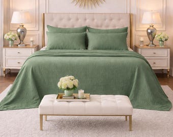 Jungle Green Linen Bed Set, Deep Pocket Fitted Sheet,  with Pillow Covers ,