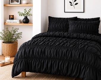 Black Wrinkle Bettwäsche-Set, Geraffte Cottagecore Baumwolle Bettwäsche, Kokosnuss Knopfverschluss