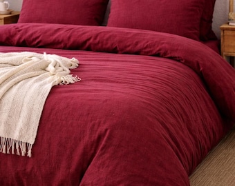 Luxury Burgundy Duvet Cover - Boho Bed Decor ,Washed Linen Bedding Set
