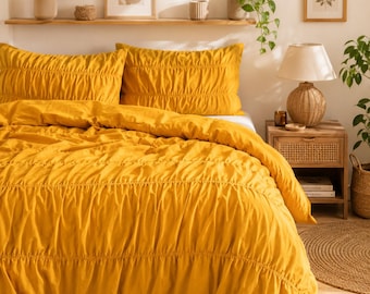 Golden Yellow Wrinkle Duvet Cover, Ruched Comforter Cover, Boho Bedding Set, Bedroom Decor