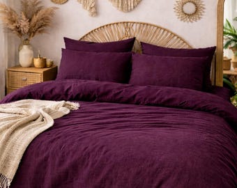 Plum Linen Duvet Cover Set –  Soft Breathable Comforter Cover – Luxury Boho Bedroom Decor