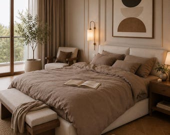 Soft Taupe Linen Bedding Set | Minimalist Duvet Cover | Comforter Cover With Matching Pillowcase