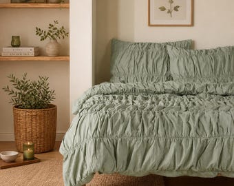Sage Green Ruffled Duvet Cover , Soft Washed Bedding, Comforter Cover, Textured Ruched Quilt Set,