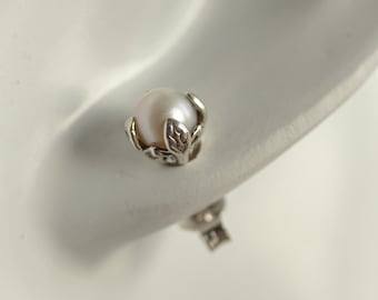 Designer Silver Pearl Stud Earrings | Leaf Prongs | Freshwater Pearl | White Pearl | Pearl Earrings | Sterling Silver | Floral Jewelry