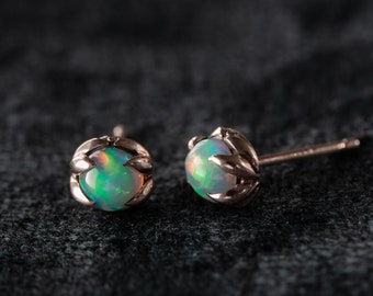 14K Solid Yellow Gold Fire Opal Stud Earrings | genuine AAA-grade rainbow gemstones | gold jewelry | nature inspired | October birthstone