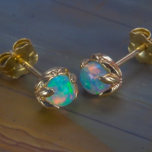 14K Solid Yellow Gold Fire Opal Stud Earrings | genuine AAA-grade rainbow gemstones | gold jewelry | nature inspired | October birthstone