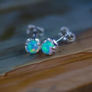 14k White Gold (solid) Fire Opal Stud Earrings | genuine AAA rainbow gemstones | gold jewelry | nature inspired | October birthstone  floral