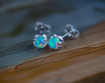 14k White Gold (solid) Fire Opal Stud Earrings | genuine AAA rainbow gemstones | gold jewelry | nature inspired | October birthstone  floral