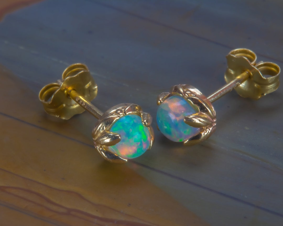 14K Solid Yellow Gold Fire Opal Stud Earrings Genuine Aaa-grade Rainbow ...