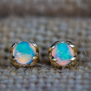 14K Solid Yellow Gold Fire Opal Stud Earrings Genuine Aaa-grade Rainbow ...