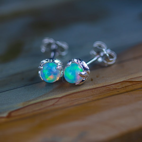 Fire Opal Stud Earrings | genuine AAA-grade rainbow gemstones | sterling silver jewelry | nature inspired | October birthstone | floral stud