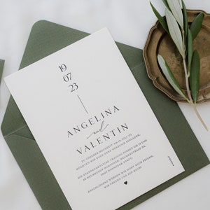 Hochzeitseinladung mit Prägung 'olive letterpress' inklusive Kuvert und Siegelwachs, NICHT-PERSONALISIERTES MUSTER