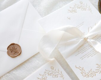 Wedding invitation beige with letterpress 'beige flowers' including envelope and sealing wax, NON-PERSONALIZED SAMPLE