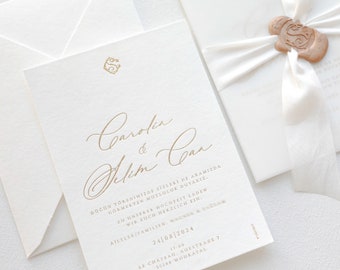 Letterpress wedding invitation 'golden cotton' with golden hot foil stamping including envelope, NON-PERSONALIZED SAMPLE