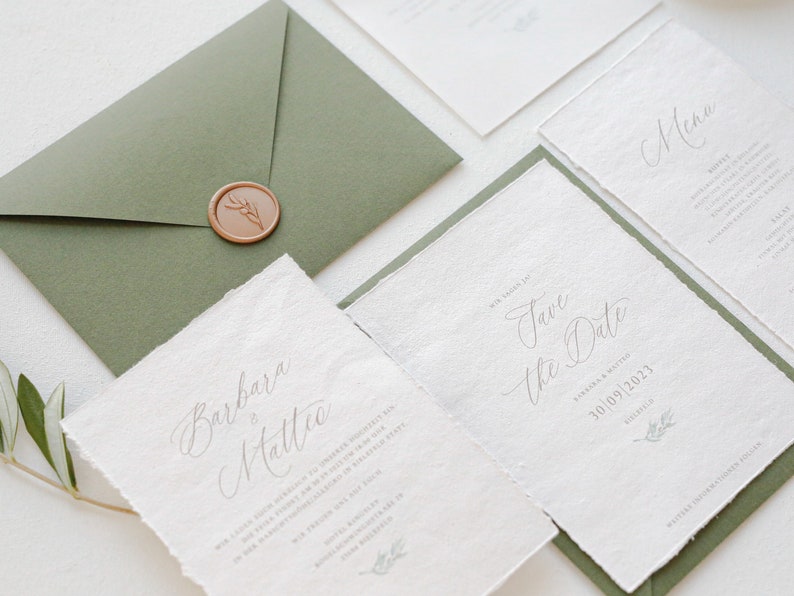 Handmade paper wedding invitation 'olive' including envelope and sealing wax, NON-PERSONALIZED SAMPLE image 1