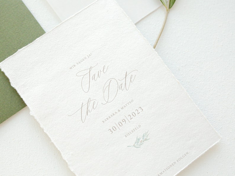 Handmade paper wedding invitation 'olive' including envelope and sealing wax, NON-PERSONALIZED SAMPLE image 2