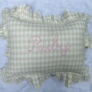 Embroidered Customised Name Linen Ruffle Mini Cushion in Beige Gingham