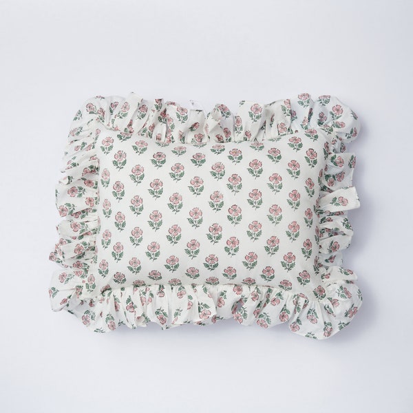 Ruffle Pink Floral Blockprint Mini Cushion