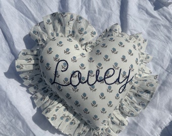 Mini Blue Floral Blockprint Ruffle Heart Cushion