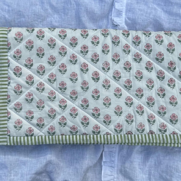 Blockprint Baby Blanket Playmat - Pink Floral & Sage Green Stripe