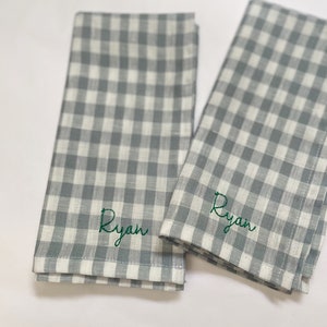 Blue Gingham Linen Embroidered Custom Napkins Personalised Napkins