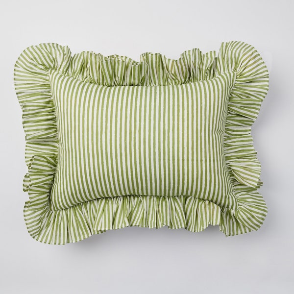 Sage Green Stripe Ruffle Blockprint Mini Cushion