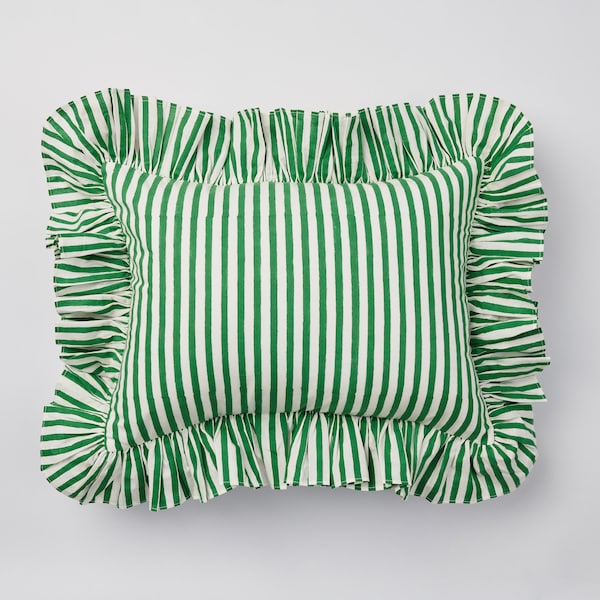 Green Stripe Ruffle Blockprint Mini Cushion