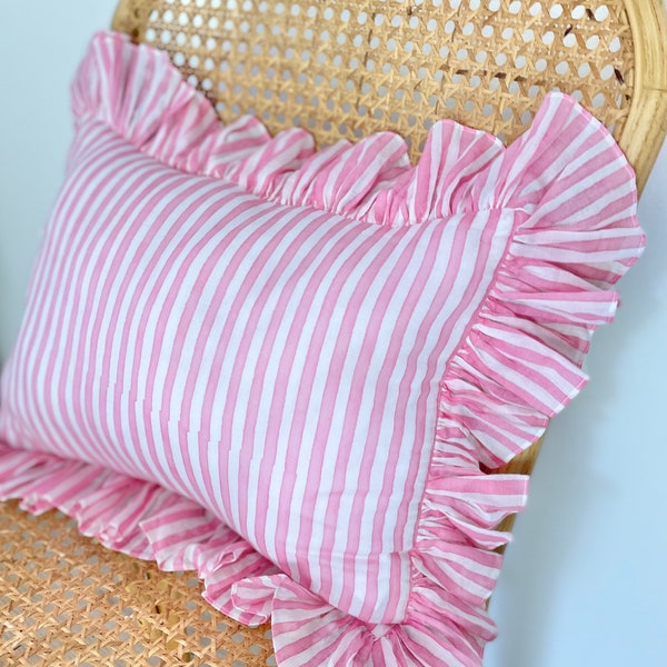 Stripe Ruffle Blockprint Mini Cushion