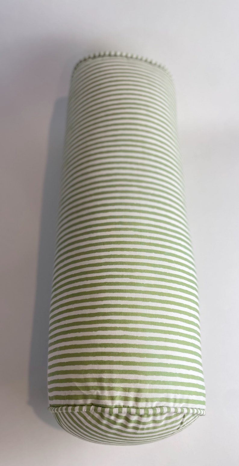 Sage Green Stripe Blockprint Cotton Bolster Cushion image 5