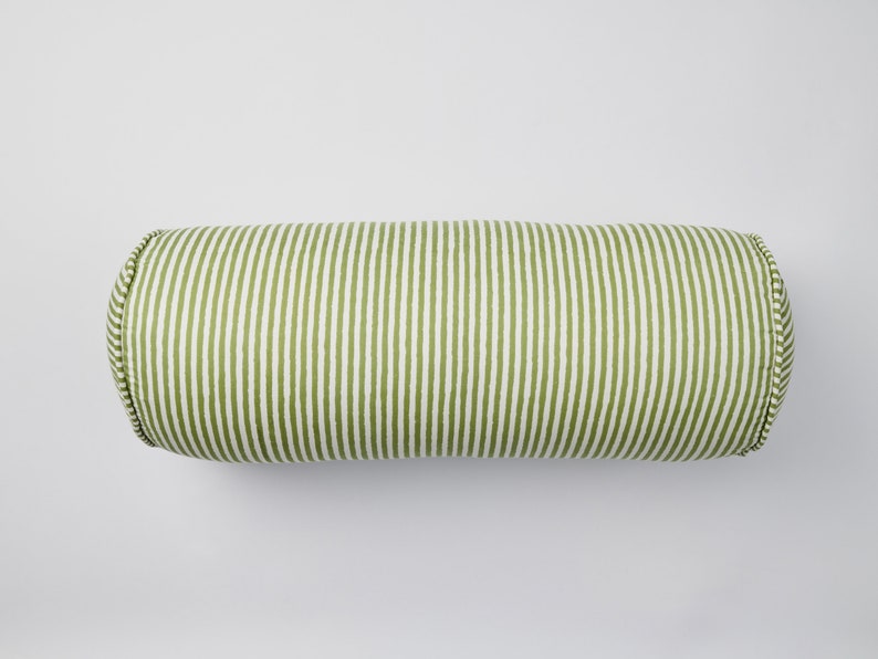 Sage Green Stripe Blockprint Cotton Bolster Cushion image 1