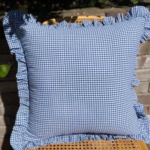 Blue Gingham Throw Cushion Cover with Ruffle