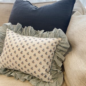 Ruffle Blockprint Mini Cushion - Blue Floral with Green Stripes