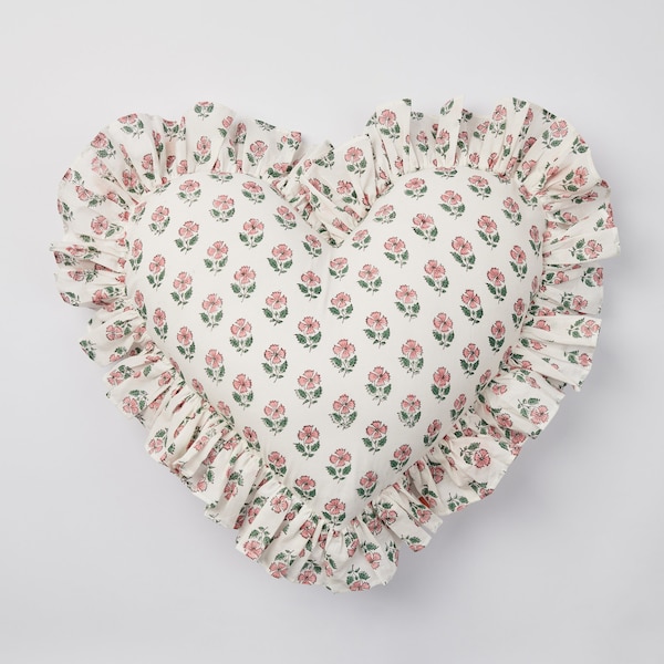 Pink Floral Blockprint Ruffle Heart Cushion