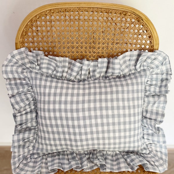 Linen Ruffle Mini Cushion in Blue Gingham