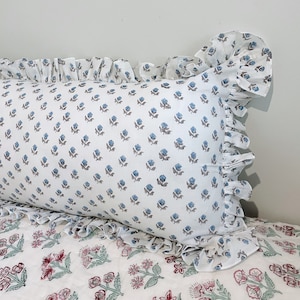 Lumbar Cushion in blockprint cotton - long pillow with big ruffles