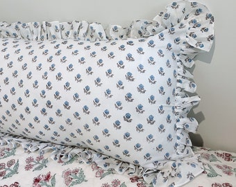 Lumbar Cushion in blockprint cotton - long pillow with big ruffles
